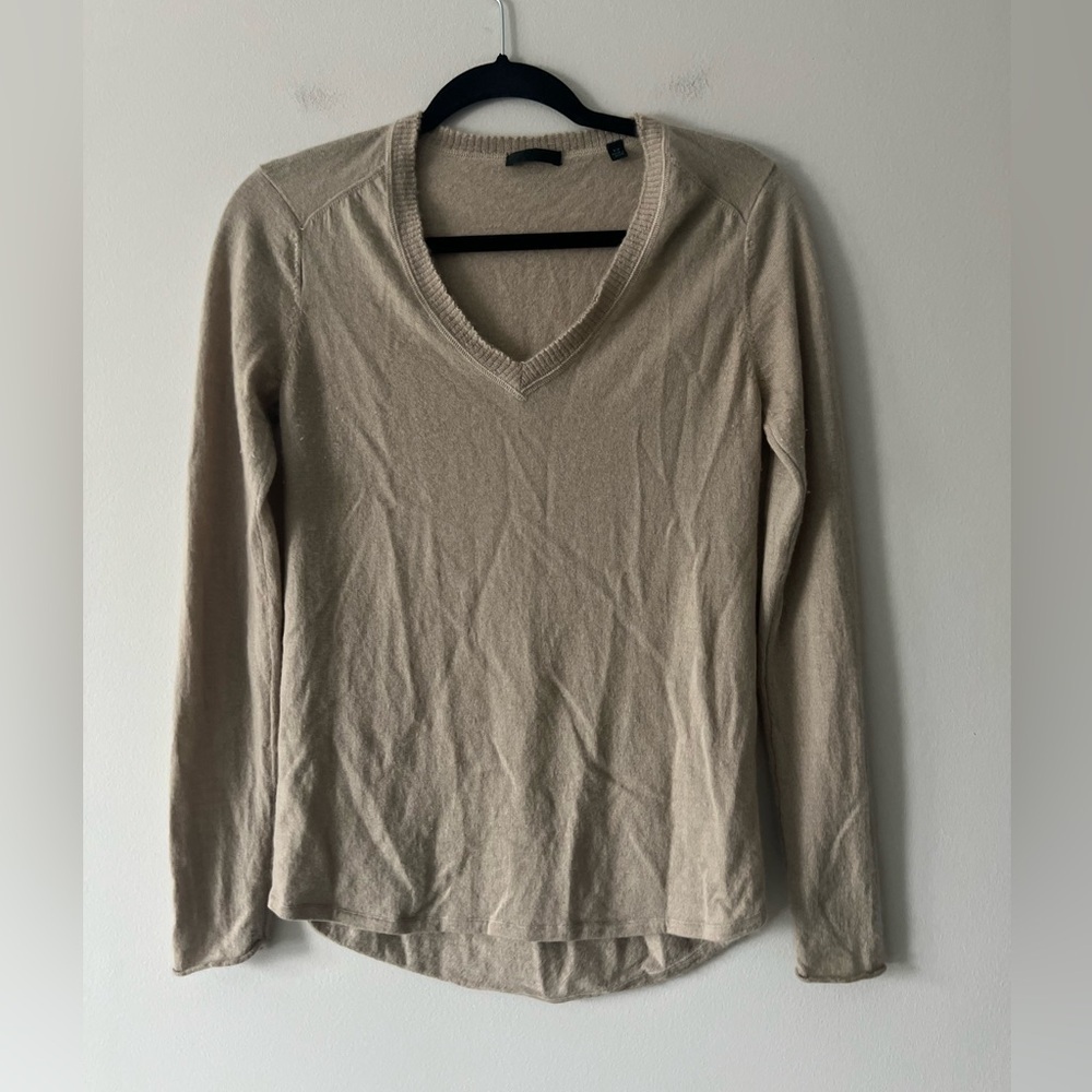 ATM Anthony Thomas Melillo 100% Cashmere Taupe V-Neck Sweater | S